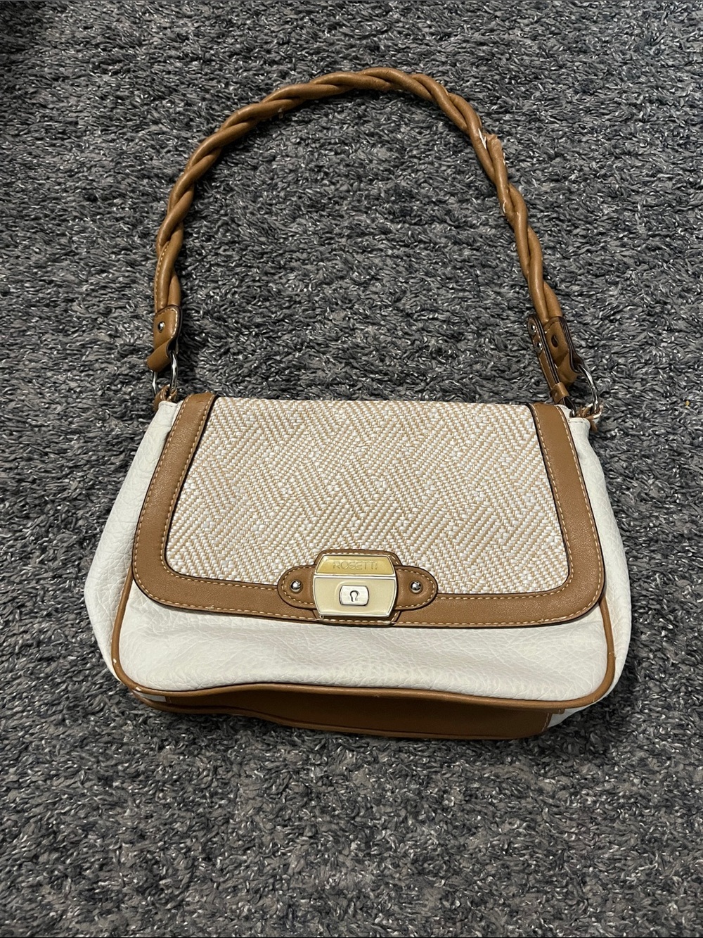 Rosetti White and Brown Shoulder Bag with Braided Handle with minor wear
